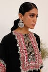 Shop_Surkh Syahi_Black Crepe Embroidery, Mirrors Collared And Pink Blossom Kaftan Set _Online_at_Aza_Fashions