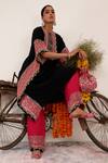 Surkh Syahi_Black Crepe Embroidery, Mirrors Collared And Pink Blossom Kaftan Set _at_Aza_Fashions