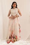 Buy_Surkh Syahi_Beige Chinnon Print Gul Dasta U Neck Peach Lehenga Set _at_Aza_Fashions