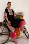 Buy_Surkh Syahi_Black Crepe Embroidery, Mirrors Collared And Pink Blossom Kaftan Set 
