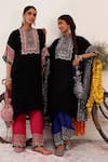 Shop_Surkh Syahi_Black Crepe Embroidery, Mirrors Collared And Pink Blossom Kaftan Set 