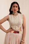 Surkh Syahi_Beige Chinnon Print Gul Dasta U Neck Peach Lehenga Set _at_Aza_Fashions