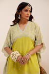 Surkh Syahi_Green Crepe, Chiffon Pearls, Sequins V-neck Print Gharara And Kurta Set _at_Aza_Fashions