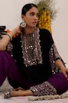 Shop_Surkh Syahi_Black Crepe Mirrors Collared And Purple Flora Kaftan Set _Online_at_Aza_Fashions