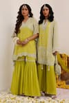 Buy_Surkh Syahi_Green Crepe, Chiffon Pearls, Sequins V-neck Print Gharara And Kurta Set 