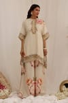 Surkh Syahi_Beige Muslin Print Gul Kand Closed Neck Kaftan Kurta Set _Online_at_Aza_Fashions