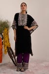 Surkh Syahi_Black Crepe Mirrors Collared And Purple Flora Kaftan Set _at_Aza_Fashions