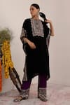 Buy_Surkh Syahi_Black Crepe Mirrors Collared And Purple Flora Kaftan Set _at_Aza_Fashions