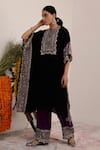 Buy_Surkh Syahi_Black Crepe Mirrors Collared And Purple Flora Kaftan Set 