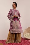 Surkh Syahi_Purple Russian Cotton Silk Print Gulshan Mandarin Collar Kurta Palazzo Set _Online_at_Aza_Fashions