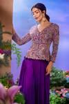 Buy_Mrunalini Rao_Purple Jacket Raw Silk Embroidered Resham V Neck Paisley And Flared Pant _at_Aza_Fashions