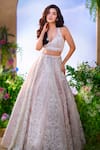 Buy_Seema Gujral_Peach Net Embroidered Dori Plunged Leaf Pastel Lehenga Set _at_Aza_Fashions