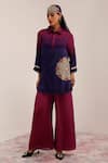Buy_Surkh Syahi_Blue Russian Cotton Silk Print Mandala Art And Chevron Collar Tunic & Palazzo Set _at_Aza_Fashions
