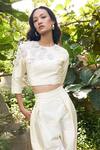 Buy_Kay Kay_Off White Silk, Rayon Applique, Sequins Round Neck 3d Floral Top And Pant Set _Online_at_Aza_Fashions