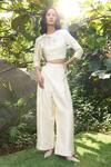 Buy_Kay Kay_Off White Silk, Rayon Applique, Sequins Round Neck 3d Floral Top And Pant Set _at_Aza_Fashions