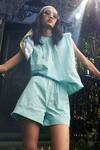 Kay Kay_Blue Taffeta Halter Neck Tafta Sleeveless Hoodie And Shorts Set _Online_at_Aza_Fashions