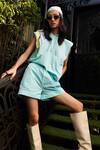 Buy_Kay Kay_Blue Taffeta Halter Neck Tafta Sleeveless Hoodie And Shorts Set _Online_at_Aza_Fashions