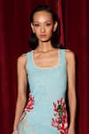 KAY KAY_Blue Polyester Cut Work, Stones Round Neck Floral Cutdana Embellished Dress _Online_at_Aza_Fashions
