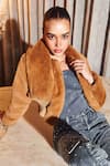 Kay Kay_Brown Faux Leather Shawl Neck Tan Textured Fur Crop Jacket _Online_at_Aza_Fashions