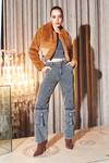Buy_Kay Kay_Brown Faux Leather Shawl Neck Tan Textured Fur Crop Jacket _at_Aza_Fashions