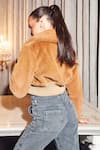 Shop_Kay Kay_Brown Faux Leather Shawl Neck Tan Textured Fur Crop Jacket _at_Aza_Fashions