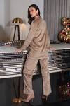 Shop_Kay Kay_Beige Suede Cut Work Collared Floral Shirt And Pant Set _at_Aza_Fashions