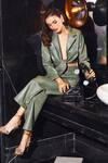 Shop_Kay Kay_Green Leather, Linen Collared Crop Top And Pant Set _Online_at_Aza_Fashions