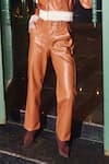 Kay Kay_Brown Leather Collared Tan Crop Jacket And Pant Set _Online_at_Aza_Fashions