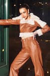 Buy_Kay Kay_Brown Leather Collared Tan Crop Jacket And Pant Set _Online_at_Aza_Fashions