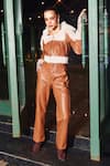 Shop_Kay Kay_Brown Leather Collared Tan Crop Jacket And Pant Set _at_Aza_Fashions