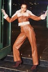 Buy_Kay Kay_Brown Leather Collared Tan Crop Jacket And Pant Set _at_Aza_Fashions