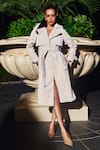 Buy Kay Kay Off White Leather, Polyester Lace Lined Trench Coat With Belt at Aza Fashions Buy_Kay Kay_Off White Leather, Polyester Lace Lined Trench Coat With Belt _at_Aza_Fashions