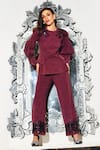 Buy_Kay Kay_Maroon Denim Sequins Round Neck Embellished Pant Set _Online_at_Aza_Fashions