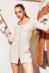 Buy_KAY KAY_White Tweed Woven Fur Square Textured Dress With Accents _Online_at_Aza_Fashions