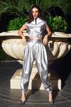 Buy Kay Kay Silver Leather Collared Crop Top And Balloon Pant Set at Aza Fashions Buy_Kay Kay_Silver Leather Collared Crop Top And Balloon Pant Set _at_Aza_Fashions