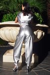 Shop Kay Kay Silver Leather Collared Crop Top And Balloon Pant Set at Aza Fashions Shop_Kay Kay_Silver Leather Collared Crop Top And Balloon Pant Set _at_Aza_Fashions
