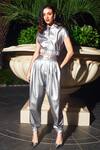 Shop Kay Kay Silver Leather Collared Crop Top And Balloon Pant Set Online at Aza Fashions Shop_Kay Kay_Silver Leather Collared Crop Top And Balloon Pant Set _Online_at_Aza_Fashions