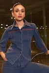 Kay Kay_Blue Denim Embroidery Collared Threadwork Shirt And Pant Set _Online_at_Aza_Fashions