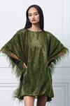 Kay Kay_Green Net Sequins, Fringe Round Neck Embroidered Kaftan Dress _Online_at_Aza_Fashions