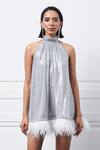 Kay Kay_Gray Polyester Sequins, Fringe Round Neck Grey Embroidered Dress _Online_at_Aza_Fashions