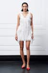Buy_Kay Kay_Off White Organza, Linen V-neck Butterfly Detailed Dress _at_Aza_Fashions