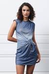 Kay Kay_Blue Lurex, Cotton Round Neck Pleated Mesh Dress _Online_at_Aza_Fashions