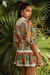 Shop_KAY KAY_Multi Color Cotton Print Floral High Neck Short Dress With Puffed Sleeves _at_Aza_Fashions