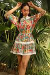 Buy_KAY KAY_Multi Color Cotton Print Floral High Neck Short Dress With Puffed Sleeves _at_Aza_Fashions