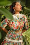 Buy_KAY KAY_Multi Color Cotton Print Floral High Neck Short Dress With Puffed Sleeves _Online_at_Aza_Fashions