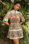 Shop_KAY KAY_Multi Color Cotton Print Floral High Neck Short Dress With Puffed Sleeves _Online_at_Aza_Fashions