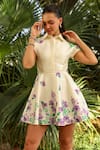 Buy_Kay Kay_Off White Rayon, Silk Collared Iris Bloom Print Short Dress _at_Aza_Fashions