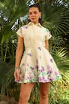 Buy_Kay Kay_Off White Rayon, Silk Collared Iris Bloom Print Short Dress _Online_at_Aza_Fashions