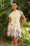 Shop_Kay Kay_Off White Rayon, Silk Collared Iris Bloom Print Short Dress _Online_at_Aza_Fashions