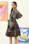 Sunandini_Black Viscose, Wool Mandarin Collar Floral Bloom Print Dress _at_Aza_Fashions